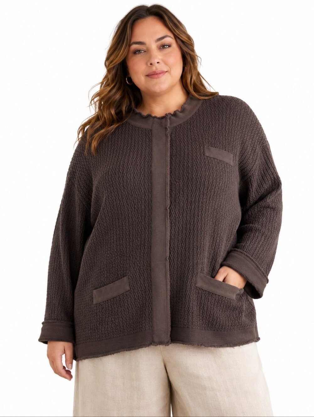 Vintage Talbots Waffle Knit Cardigan Jacket 3X Brown Casual Boho Raw Hem Relaxed